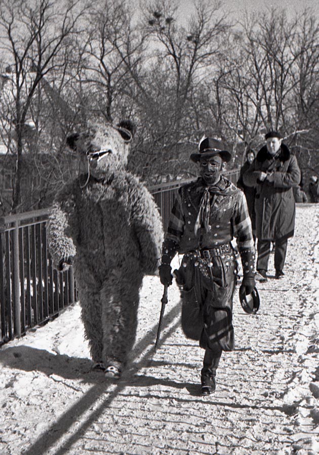 Fotografia czarno-biała. Po ośnieżonym mostku kroczy czwórka przebierańców. Na pierwszym planie widoczny po lewej niedźwiedź, a obok niego mężczyzna w kapeluszu i masce, trzymający w ręku tamburyn. W tle zauważyć można liczne drzewa.